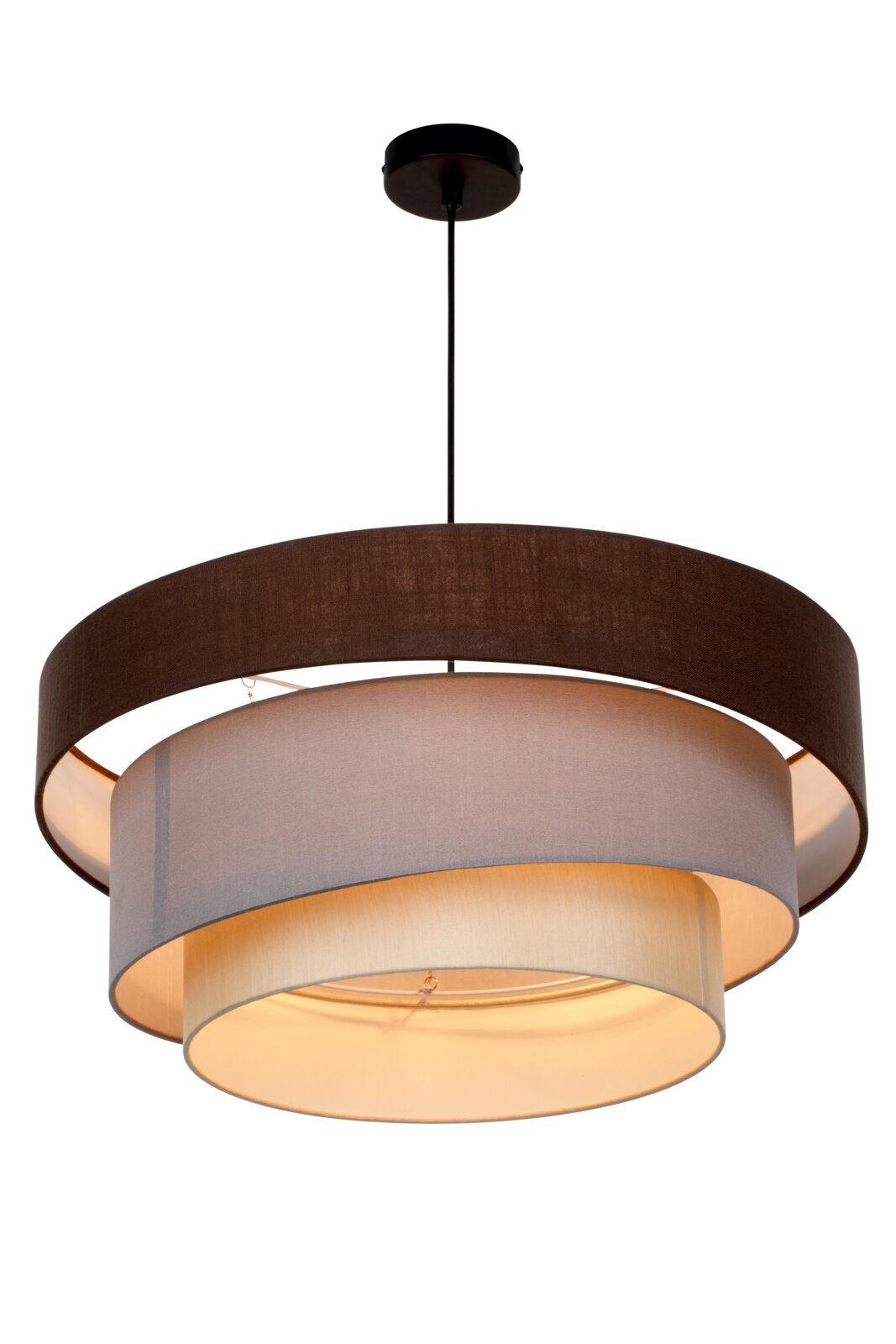 Novel Hanglamp METKOVIC Moderne hanglamp met drie ronde stoffen lampenkappen in bruin, grijs en beige met warme verlichting, frontaanzicht licht van onderen
