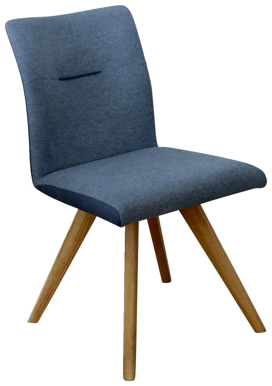 Moderne stoel met grijze stoffen bekleding en houten poten, zijaanzicht