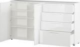 Weiße Kommode mit mehreren Schubladen und offenen Türen, seitliche Perspektive