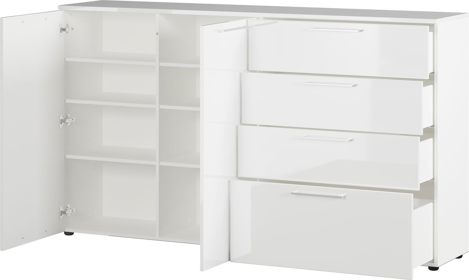 Weiße Kommode mit mehreren Schubladen und offenen Türen, seitliche Perspektive