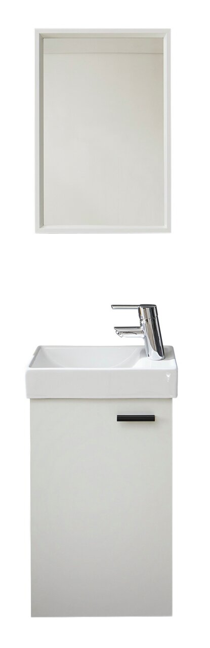 Weißes Gästebad-Set mit Spiegel und Waschbecken, Frontalansicht