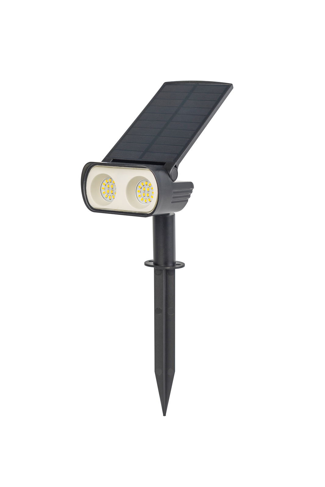 Solarleuchte mit zwei LED-Lampen und Solarpanel, seitliche Perspektive