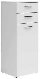 Weiße Kommode mit drei Schubladen und schwarzen Griffen, seitliche Perspektive