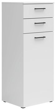 Weiße Kommode mit drei Schubladen und schwarzen Griffen, seitliche Perspektive