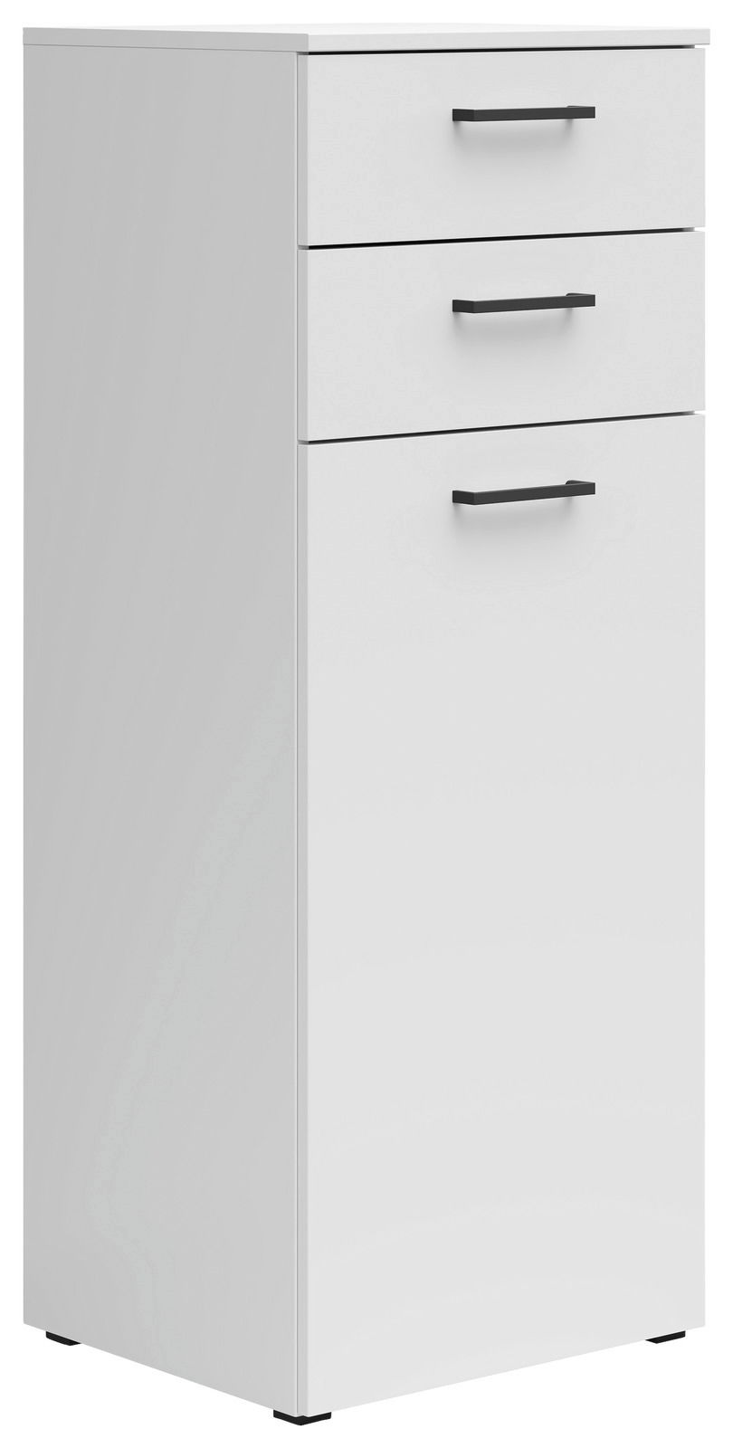 Weiße Kommode mit drei Schubladen und schwarzen Griffen, seitliche Perspektive