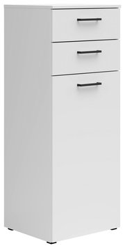 Weiße Kommode mit drei Schubladen und schwarzen Griffen, seitliche Perspektive