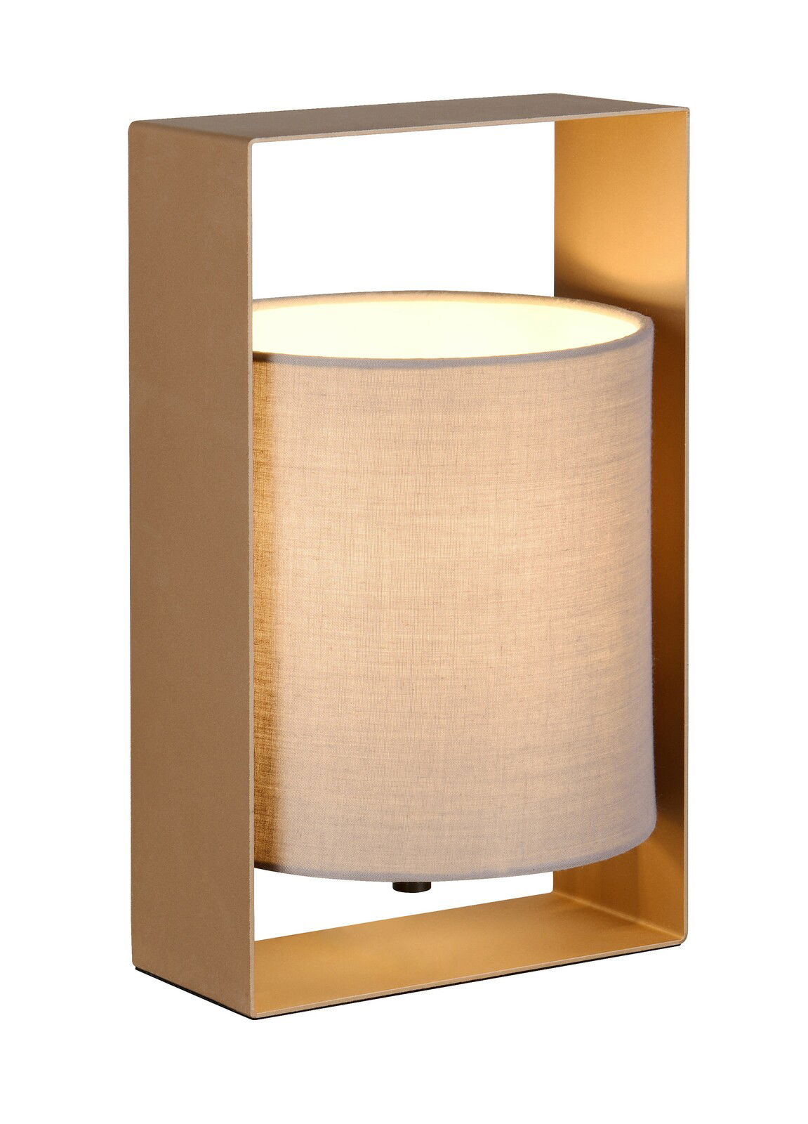 Moderne Tischleuchte mit rechteckigem Rahmen und zylindrischem Stoffschirm, seitliche Perspektive