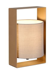 Moderne Tischleuchte mit rechteckigem Rahmen und zylindrischem Stoffschirm, seitliche Perspektive