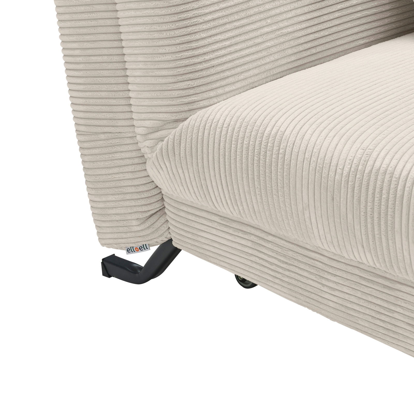 Nahaufnahme eines beigen Funktionssofas mit geripptem Stoffbezug, seitliche Perspektive