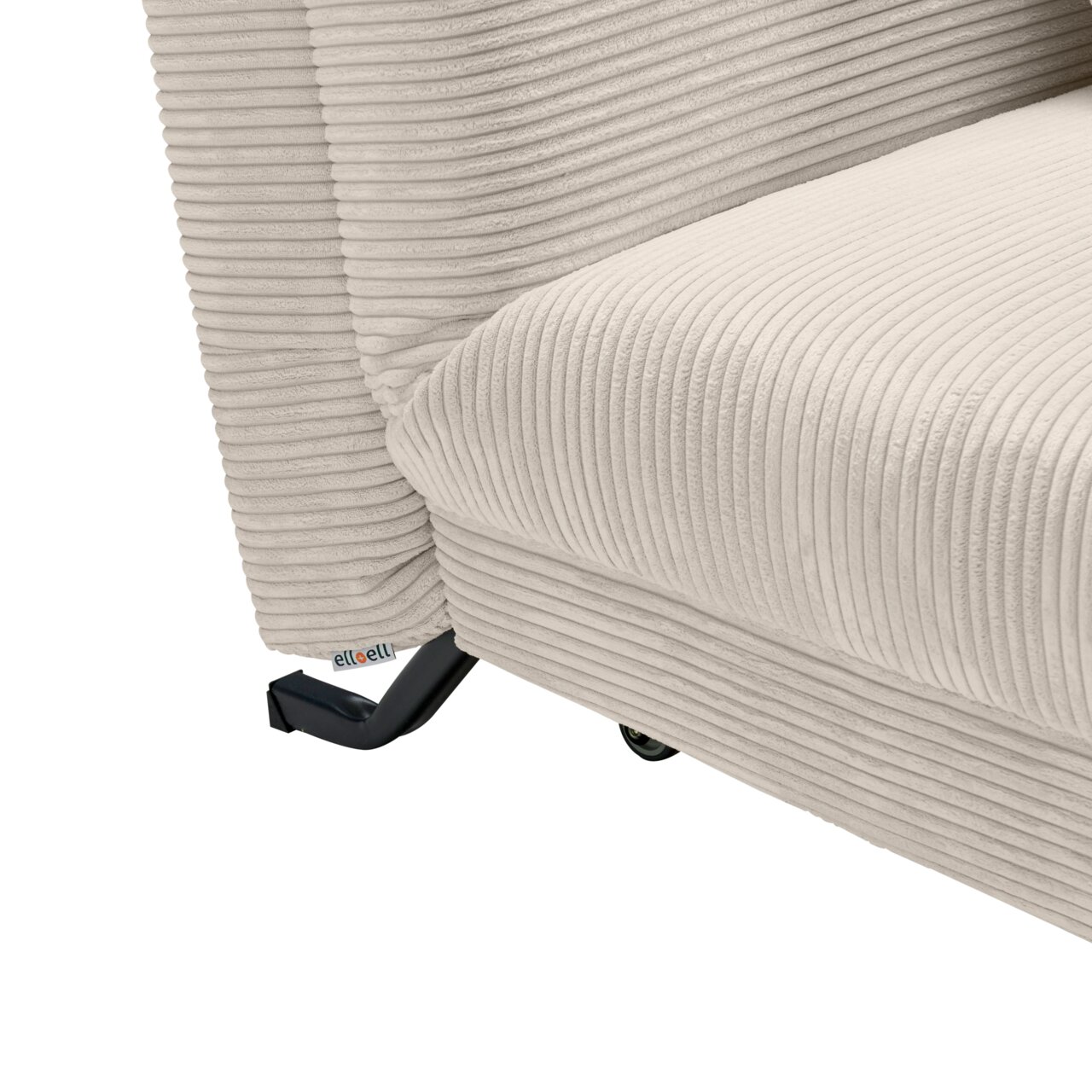 Close-up van een beige functionele bank met geribbelde stoffen bekleding, gezien vanaf de zijkant