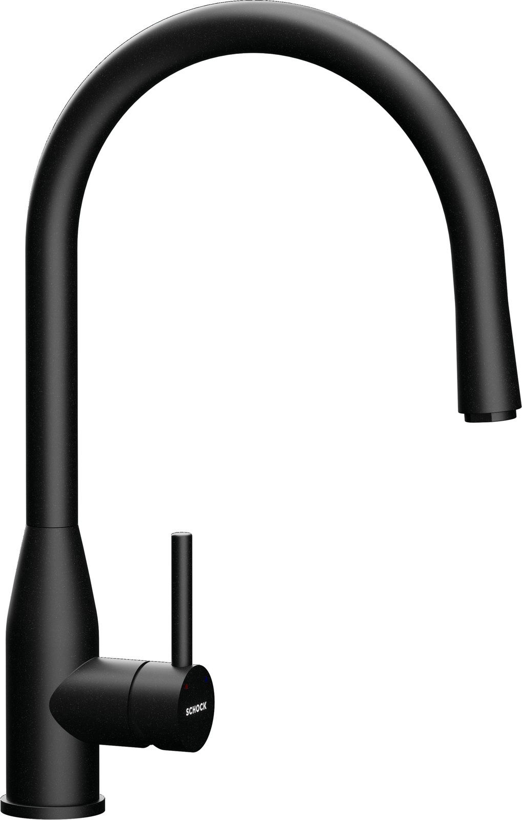 Schwarzer Einhebelmischer mit gebogenem Auslauf, seitlicher Hebelsteuerung und moderner Optik, seitliche Perspektive