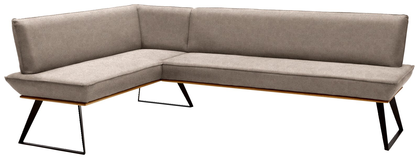 L-vormige hoekbank met grijze stoffen bekleding en zwarte metalen poten, gezien vanaf de rechterkant van voren