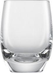 Nahaufnahme eines klaren Schnapsglases aus einem 4er Set, frontal fotografiert.