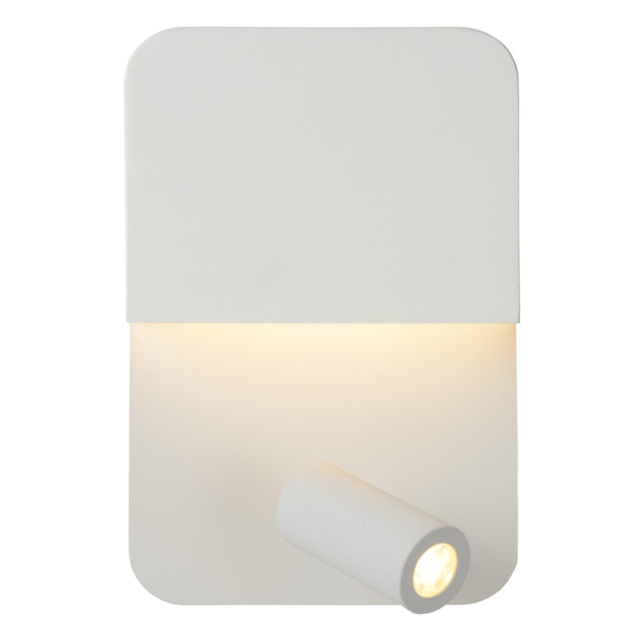 Moderne witte wand- of bedlamp met rechthoekige behuizing en draaibare cilindrische spot, vooraanzicht.