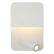 Moderne witte wand- of bedlamp met rechthoekige behuizing en draaibare cilindrische spot, vooraanzicht.
