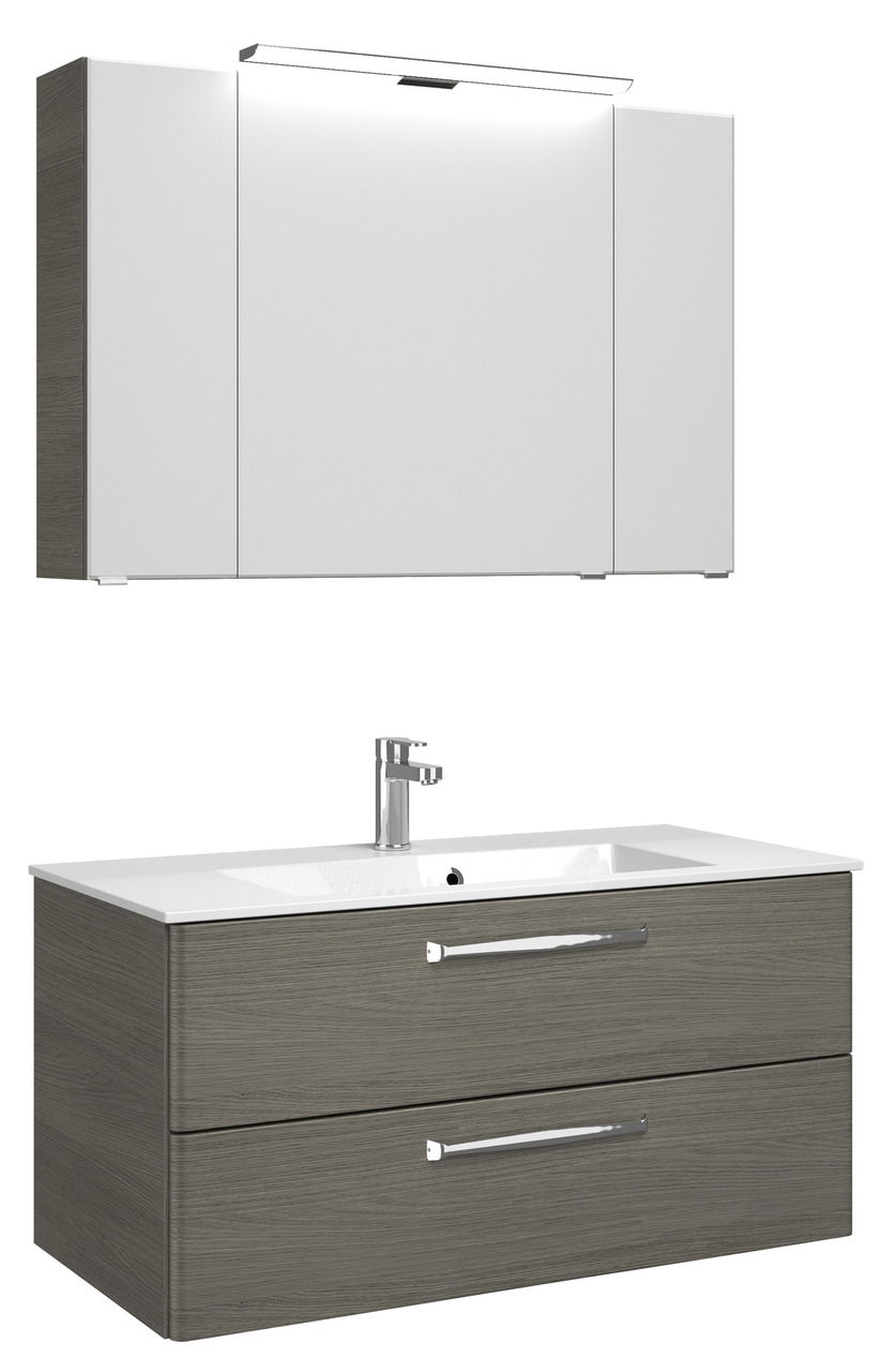 Pelipal Badblock 107cm TRENTINO Moderner Badblock mit Spiegelschrank und Waschbeckenunterschrank in Holzoptik, seitliche Perspektive