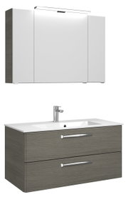 Moderner Badblock mit Spiegelschrank und Waschbeckenunterschrank in Holzoptik, seitliche Perspektive