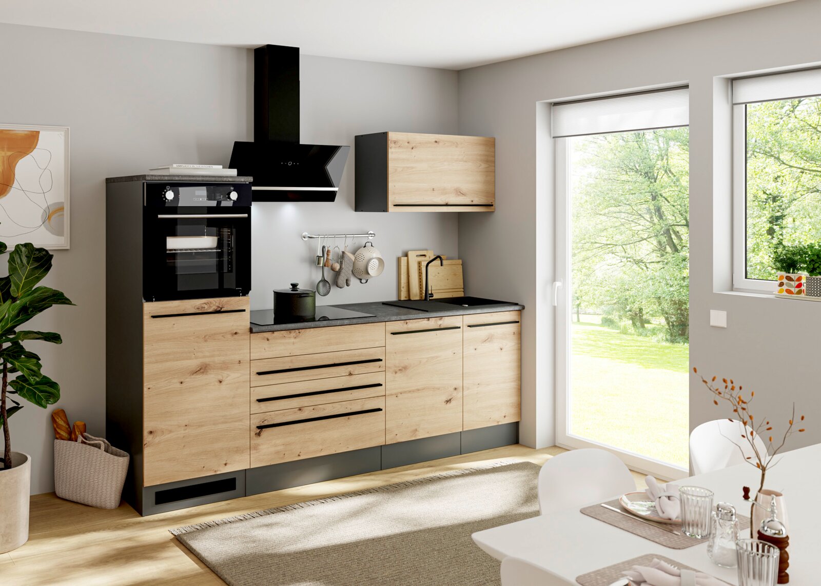 Yourkitchen Küchenblock 260 PREMIUM JAZZ Moderne einzeilige Küchenzeile in Holzoptik mit schwarzen Griffen, grauer Arbeitsplatte, Einbau-Backofen, Kochfeld, Spüle und schwarzer Wandhaube, seitliche Frontansicht in hellem Raum mit großen Fenstern