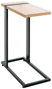 Moderner Beistelltisch mit Holzplatte und schwarzem Metallgestell, seitliche Perspektive