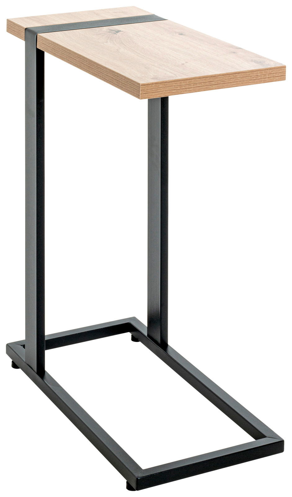 Moderner Beistelltisch mit Holzplatte und schwarzem Metallgestell, seitliche Perspektive
