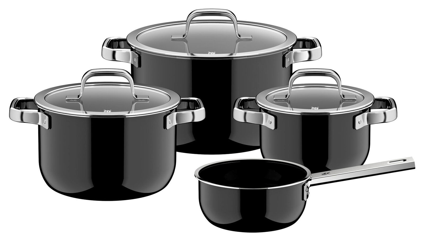 Vierteiliges Topfset in Schwarz mit glänzenden Griffen und Deckeln, aus leicht erhöhter Perspektive fotografiert.