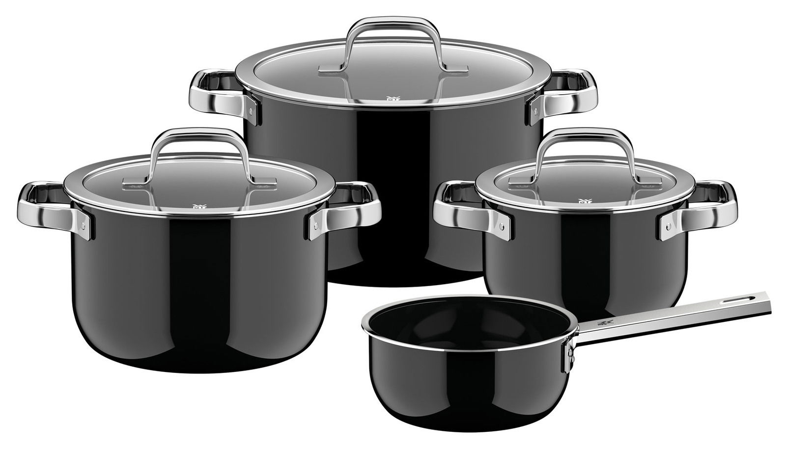 Vierteiliges Topfset in Schwarz mit glänzenden Griffen und Deckeln, aus leicht erhöhter Perspektive fotografiert.