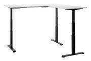Moderner höhenverstellbarer E-Eckschreibtisch in L-Form, seitliche Perspektive