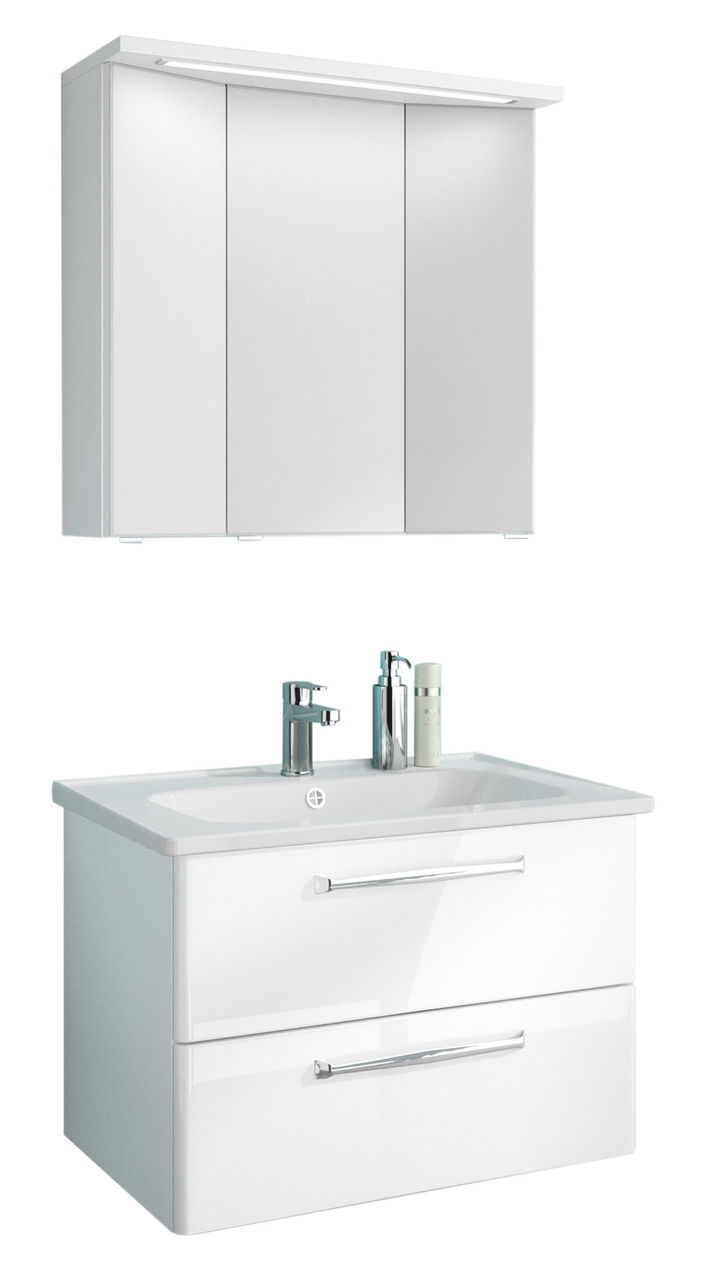 Moderner weißer Badblock mit Spiegelschrank und Waschbecken, frontale Ansicht
