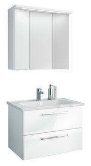 Moderner weißer Badblock mit Spiegelschrank und Waschbecken, frontale Ansicht