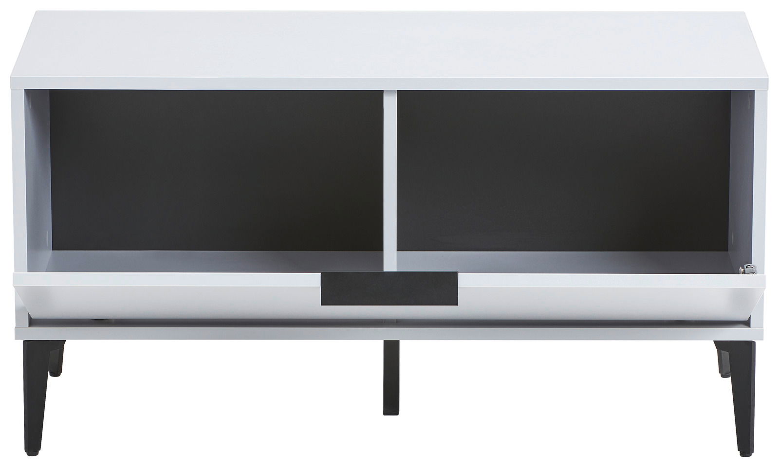 Frontale Ansicht der Garderobenbank JOLLY von Hom'in in Weiß mit zwei offenen Fächern und schwarzen Beinen.
