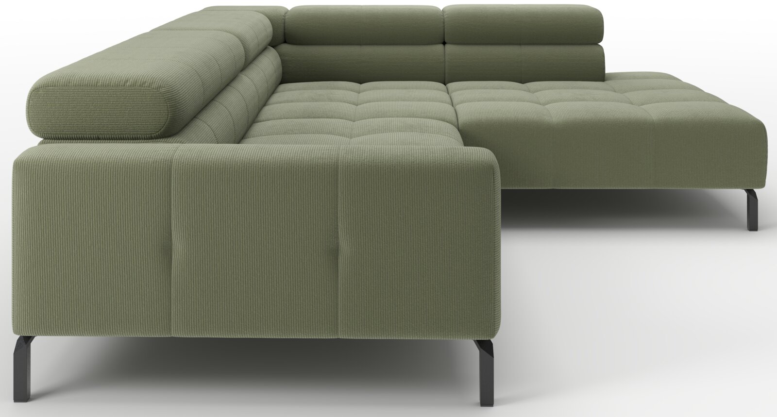 Groene hoekbank met chaise longue, gecapitonneerde zitting en zwarte metalen poten, schuin van voren links gefotografeerd