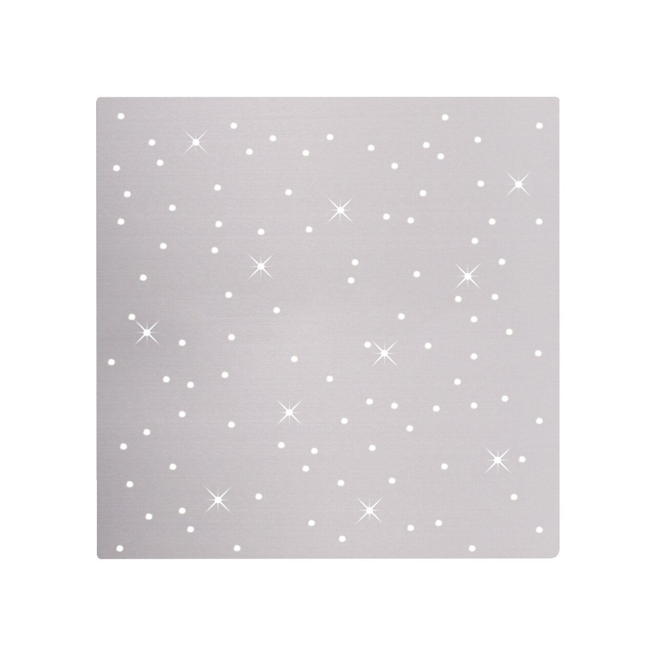 Quadratische Deckenleuchte aus Stahl mit funkelndem Muster, Ansicht von vorne.