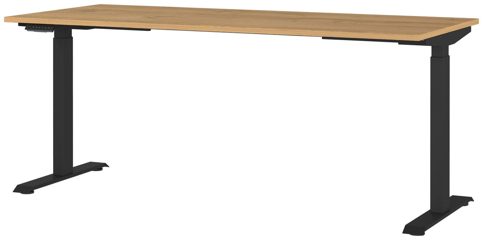Elektrisch höhenverstellbarer Schreibtisch mit Holzplatte und schwarzen Metallbeinen, seitliche Perspektive