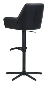 Rückansicht eines schwarzen Barhockers mit gepolsterter Rückenlehne und verstellbarem Fuß, auf einem stabilen Metallgestell.