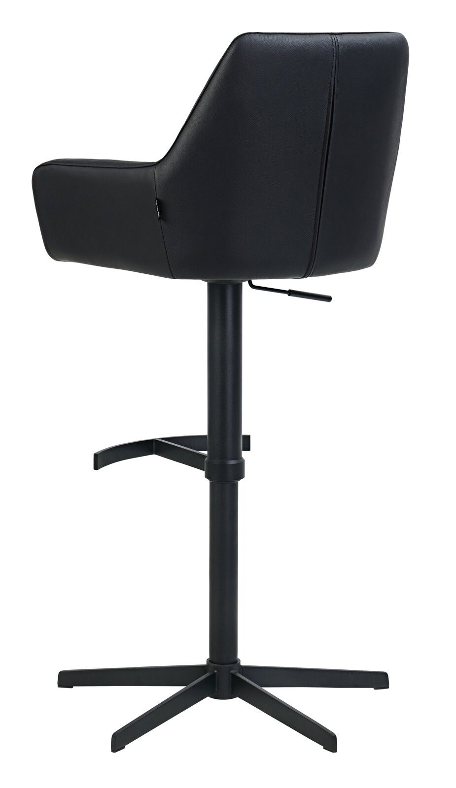 Rückansicht eines schwarzen Barhockers mit gepolsterter Rückenlehne und verstellbarem Fuß, auf einem stabilen Metallgestell.