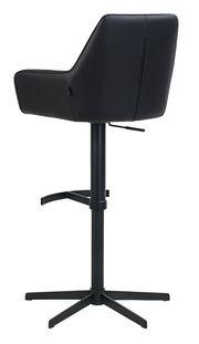 Rückansicht eines schwarzen Barhockers mit gepolsterter Rückenlehne und verstellbarem Fuß, auf einem stabilen Metallgestell.