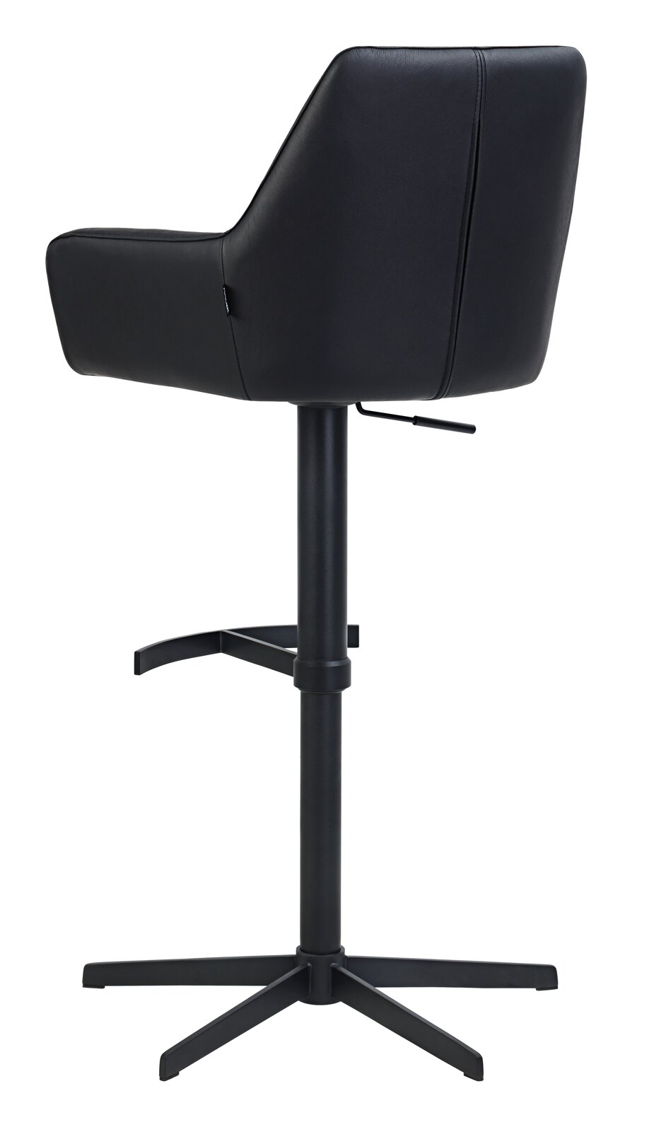 Rückansicht eines schwarzen Barhockers mit gepolsterter Rückenlehne und verstellbarem Fuß, auf einem stabilen Metallgestell.