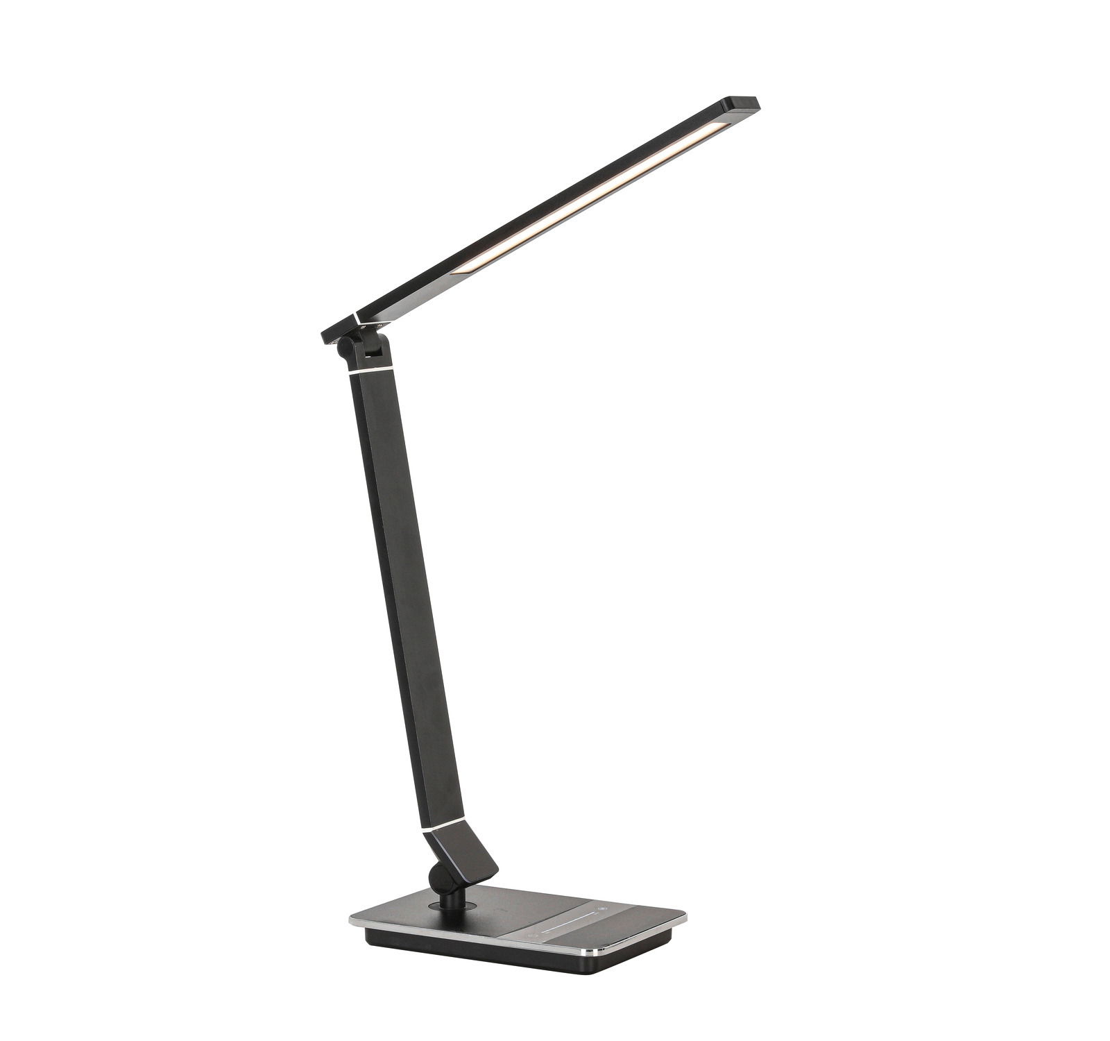 Moderne schwarze Schreibtischleuchte mit verstellbarem Arm, seitliche Perspektive