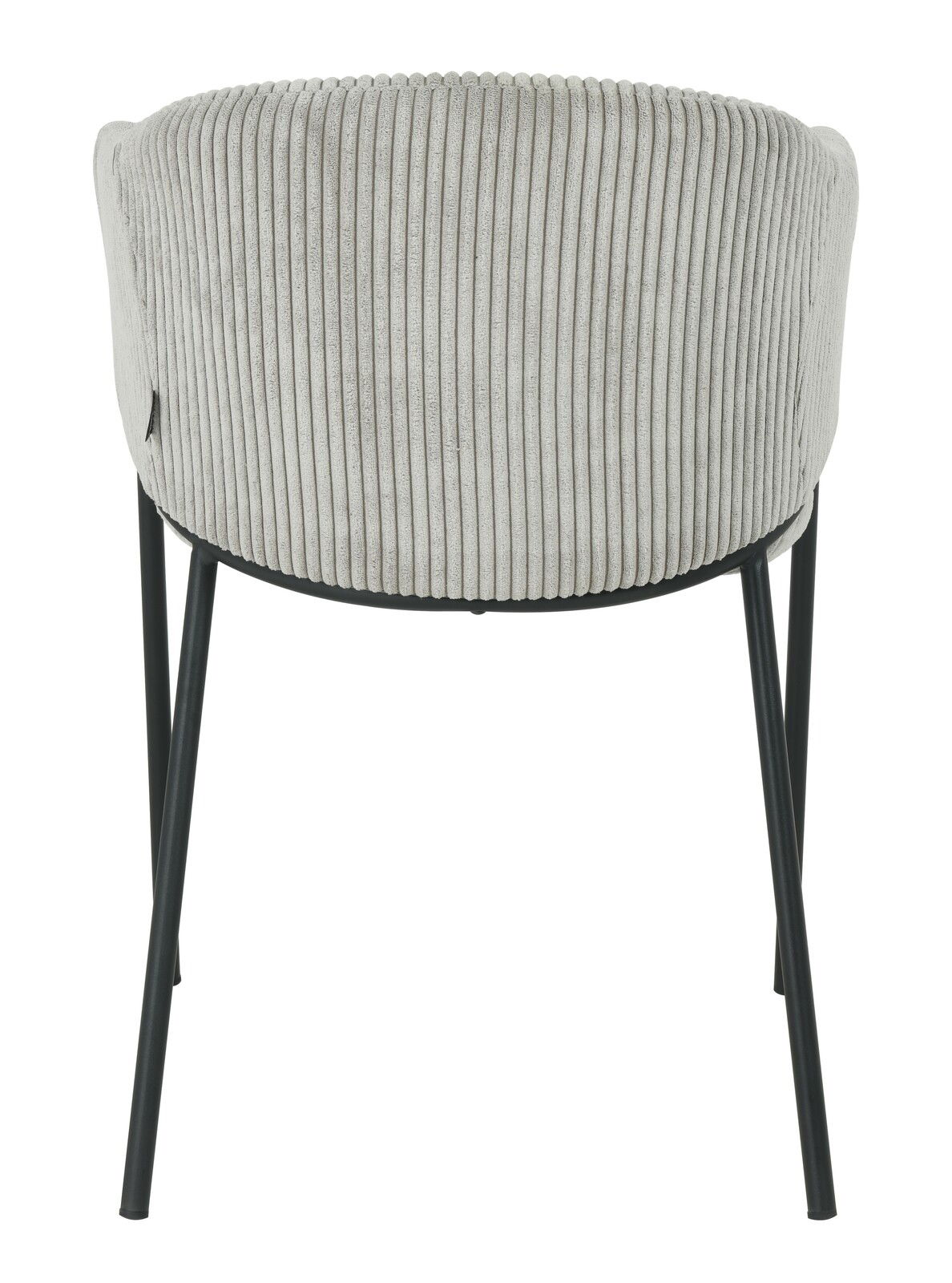 Rückansicht eines Armlehnstuhls mit geripptem Stoffbezug und schwarzen Metallbeinen.