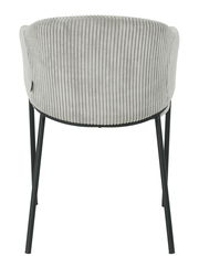 Rückansicht eines Armlehnstuhls mit geripptem Stoffbezug und schwarzen Metallbeinen.