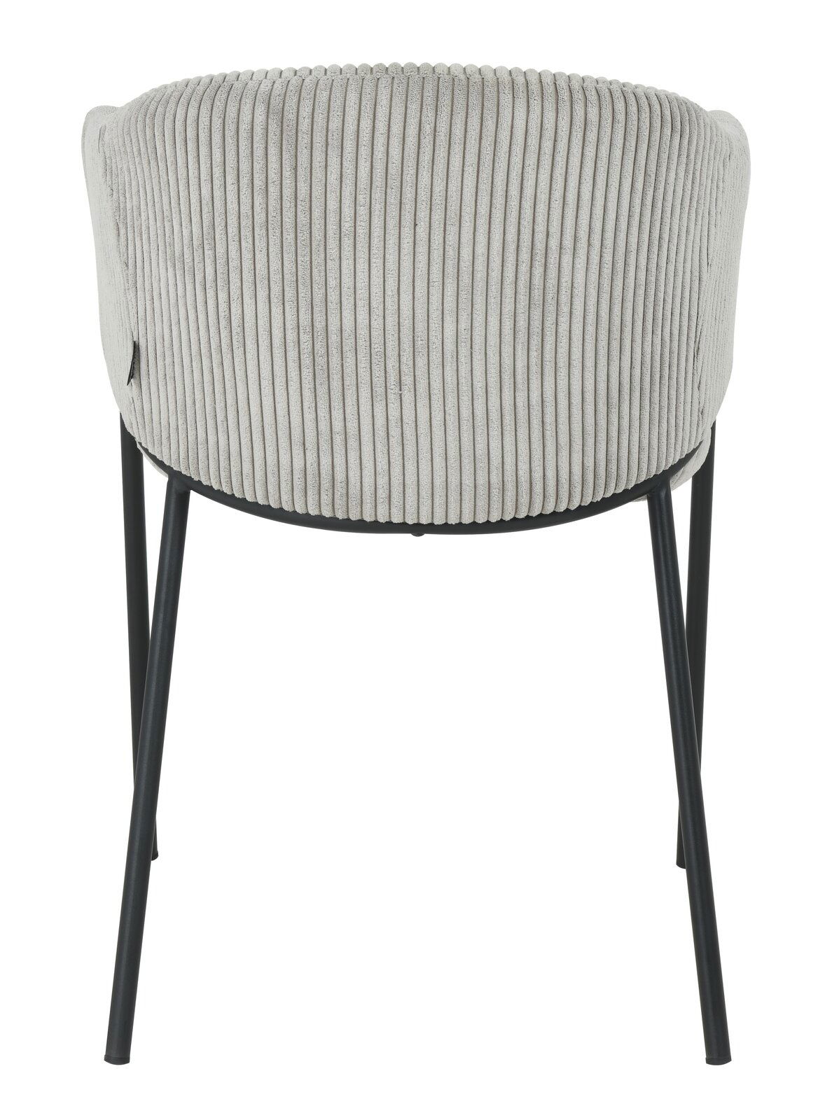 Rückansicht eines Armlehnstuhls mit geripptem Stoffbezug und schwarzen Metallbeinen.