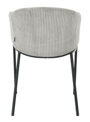 Rückansicht eines Armlehnstuhls mit geripptem Stoffbezug und schwarzen Metallbeinen.