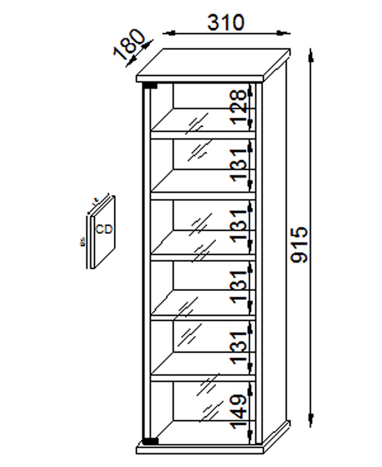 Technische Strichzeichnung eines schmalen CD-/DVD-Regals mit mehreren Fächern, Maße ca. 310 × 180 × 915 mm, Frontansicht mit leichter Perspektive von rechts
