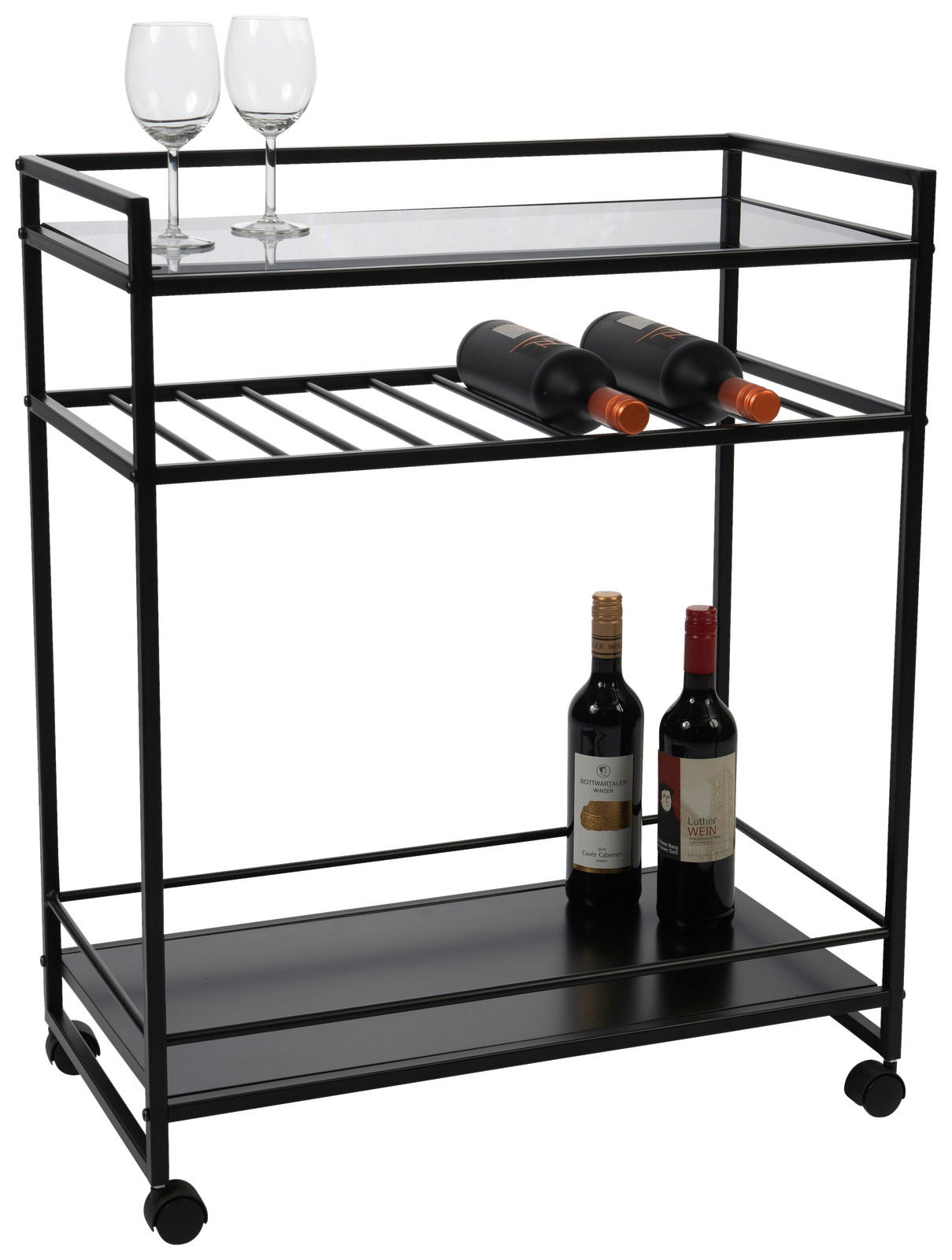 Moderner Servierwagen aus Metall mit zwei Gläsern und mehreren Weinflaschen, seitliche Perspektive