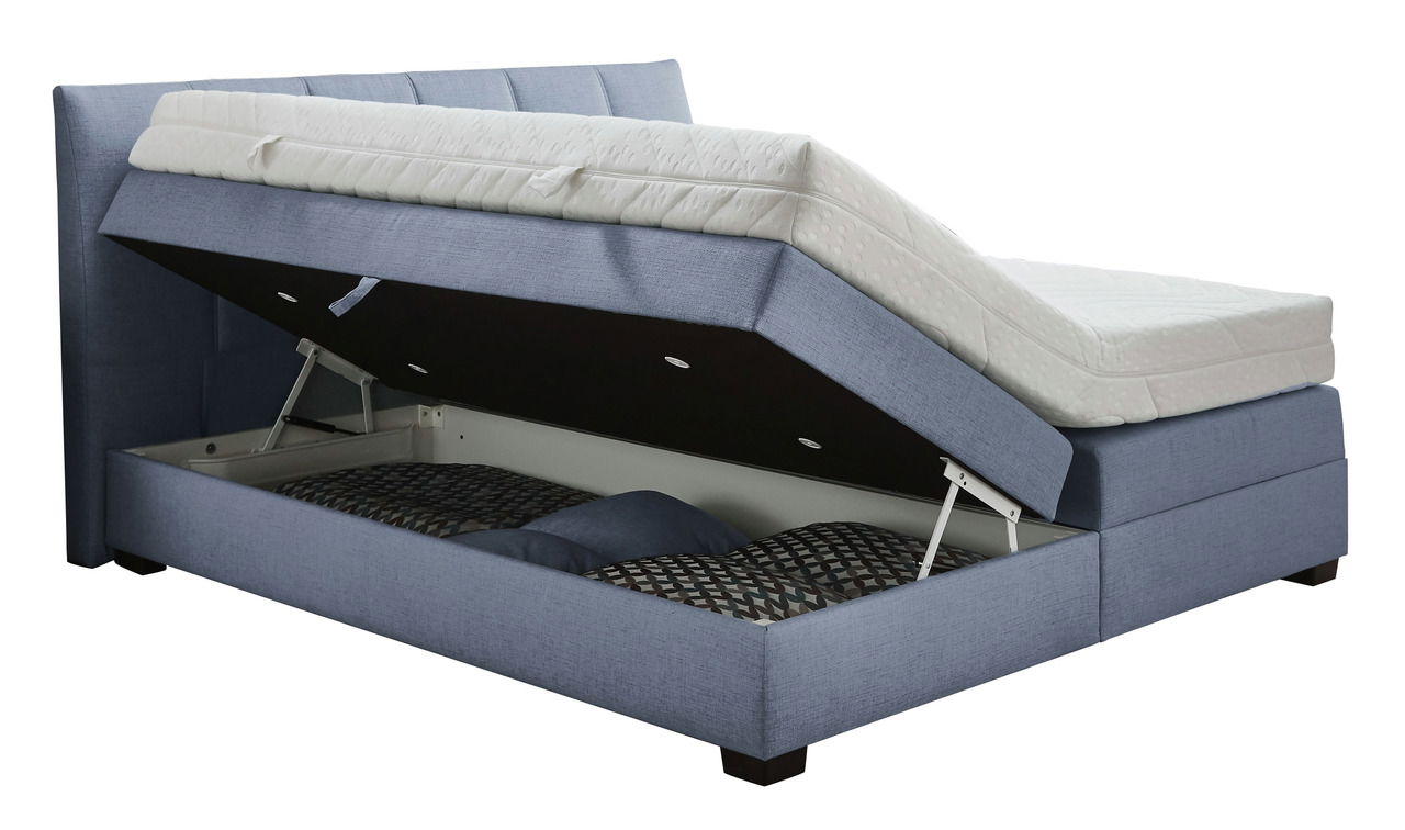 Boxspringbett mit geöffnetem Stauraum, seitliche Perspektive