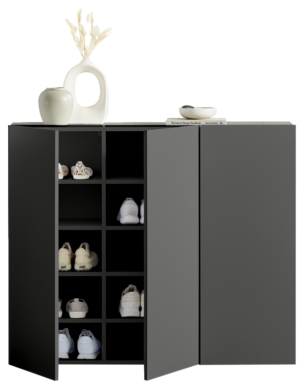 Moderner Hängeschuhschrank in dunklem Grau mit offener Tür, die mehrere Paar Schuhe zeigt. Dekorative Vasen und Bücher auf der Oberseite. Frontalansicht.
