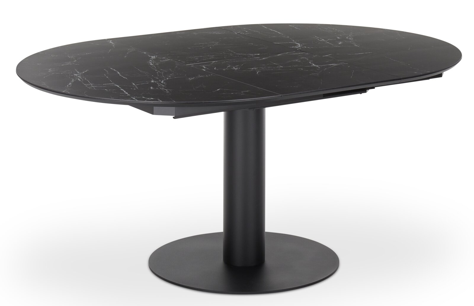 Schwarzer Esstisch mit ovaler Marmoroptik-Tischplatte und zentralem Standfuß, seitliche Perspektive