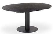 Schwarzer Esstisch mit ovaler Marmoroptik-Tischplatte und zentralem Standfuß, seitliche Perspektive