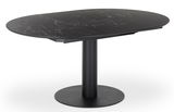 Schwarzer Esstisch mit ovaler Marmoroptik-Tischplatte und zentralem Standfuß, seitliche Perspektive