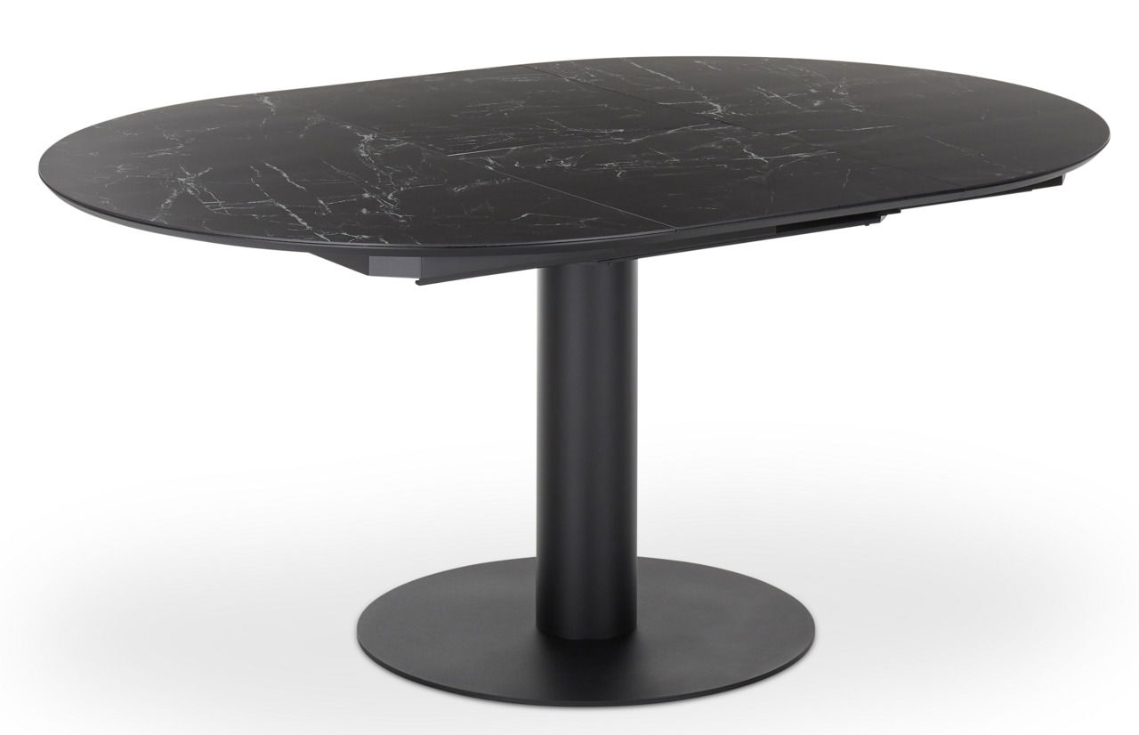Schwarzer Esstisch mit ovaler Marmoroptik-Tischplatte und zentralem Standfuß, seitliche Perspektive